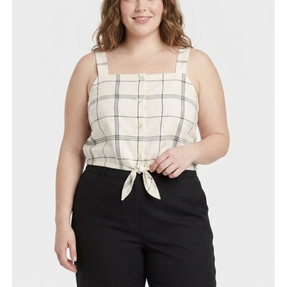 NEW A New Day Plaid‎ Linen Blend Tie Front Crop Top XL